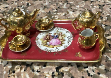 Rare Limoges France Burgandy Porcelain Dollhouse Miniature Tea Set Hand Painted picture
