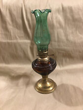 Vintage small glass oil lamp - amber glass and green chimney oil kerosine -works picture