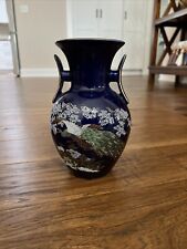 Vintage MCM Cobalt Blue Double Handled Japanese Peacock Ceramic Vase 10