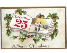 c.1912 A Merry Christmas December 25 Calendar Gold Gilt Holly Postcard POSTED picture