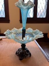 Beautiful Victorian Epergne ONE FLOWER Metal Base Light Blue Cyan Glass picture