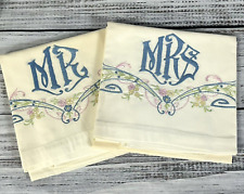Vintage 2 Pillowcases Set Mr & Mrs Blue Pink Embroidery Wedding Granny Core picture