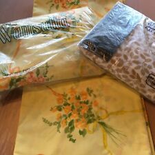 NOS Vintage 70's COTTAGECORE Sheet Set Yellow Full Fitted Flat Sheet LOT Fabric picture