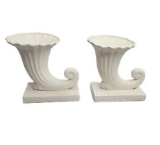 Pr Ceramic Bookends Vintage 1930s 1940s Horn Vase Planter Glossy Ivory White   picture