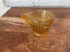 Vintage Yellow Amber Coal Bucket Ashtray Glass Wire Handle Small Pail 2” Tall picture
