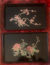 Asian Floral Black Lacquer Nesting Trays Set Of 2 Pink & Green W Gold Outlined picture