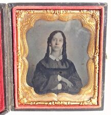 Antique Sixth Plate Ambrotype Spooky Woman with Curls Morticia Adams Pose picture