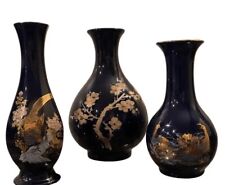 Set of 3 Mid Century Imperial Kutani Vases Navy Blue With Gold Flower, Peacocks picture