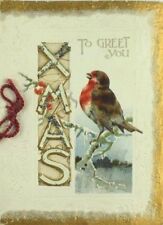1880's-90's Victorian Christmas Card Colorful Bird Snow XMAS Fab P84 picture