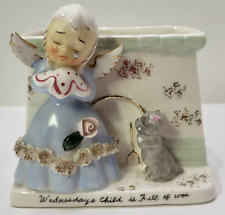 Napco Wednesday's Child Figurine Ceramic Planter Crying Angel And Kitten Vintage picture