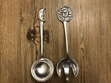 Vintage Sun and Moon Metal  Salad Serving Set Tongs Large Spoon picture