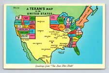 c1957 A Texan's Map of the United States USA Giant Texas TX Postcard picture