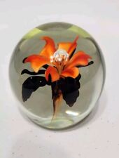 Vintage Art Glass Paperweight Black Orange Flower Controlled Bubble picture
