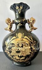 Rare Vintage Limoges France Black 24K Gold Porcelain Big Size Vase w/Lion Handle picture