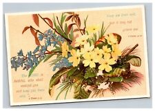 Vintage 1890's Victorian Religious Card Bible Quotes Yellow & Blue Flowers picture