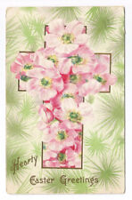 Easter Greetings Postcard Pink Flowers Embossed c1910 picture