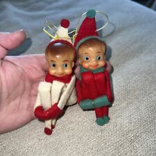 Set Of 2 Vintage Pixie Elf Knee Hugger Red Green White MCM Christmas  Ornaments picture
