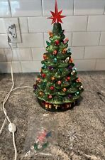 Vintage Ceramic 11” Green Christmas Tree Base Small Bulbs Flocked Decor Artisan picture