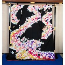 Woman Japanese Kimono Furisode Silk Butterfly cherry blossom on black ground picture