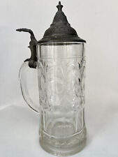Antique Vintage Etched Cut CRYSTAL GLASS w/ PEWTER Top Beer Stein Mug 0.5 Litre picture