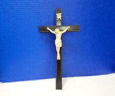 Vintage Large Black Wood Crucifix with White Metal Jesus picture