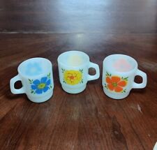 X3 Vintage Fire King Anchor Hocking Orange & Yellow & Blue Flower Mugs Cups VGC picture