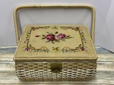 Singer Wicker Sewing Basket Vintage Japan Embroidered Floral w/ Wood Bottom picture