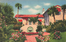 Hollywood FL Florida, Spanish Style Home with Flowers & Palms, Vintage Postcard picture