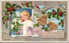 c1910s MERRY CHRISTMAS Embossed Postcard Angel Girl / Gold Church Bells / Holly picture