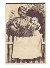 c1890's Stock Victorian Trade Card Woman Holding Baby, Towel Hanging on Fence picture