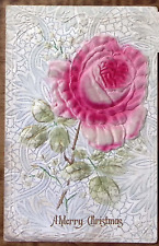 c1910 A MERRY CHRISTMAS FLOWER ROSE VERY HEAVY THICK 2-PLY POSTCARD P3341 picture