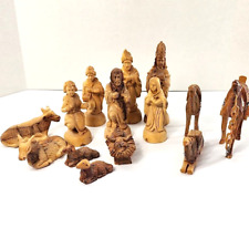 Vintage Wooden Hand Carved Nativity Scene Set Statues Set of 14 picture