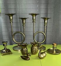 8 Piece Vintage Solid Brass Set Candlesticks Pineapple Horn Ducks All In EUC picture