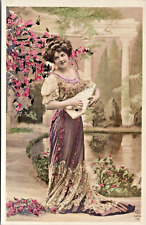 RPPC Hand Tint Pretty Girl Fancy Gown Lace Hair Do Paris Studio P.UN. (N-34) picture