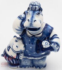 Hippopotamus Gzhel porcelain figurine hippo family mother son souvenir handmade picture