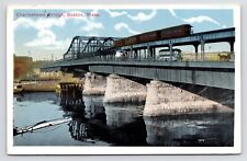 c1920s~Charlestown Bridge~Trains & Trolley~River~Boston MASS MA~VTG Postcard picture