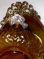 Italy Made Amber Glass  Bottle w Crystal Lid gorgeous  Geometric Pattern VINTAGE picture