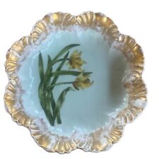 Large Antique Limoges Artist Signed Daffodils Bowl 10 1/2 Inch picture