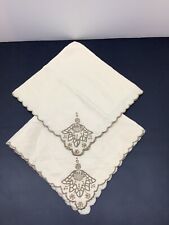 Pair of vintage embroidered linen napkins light tan w/floral design scalloped  picture