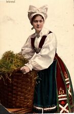 Antique Postcard 1900s Pretty Lady/Woman Basket Bonnet Dress Warend Sweden picture