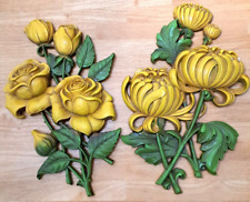 Vintage MCM 1962 Syroco Yellow Rose & Chrysanthemum Pair of Wall Art Plaques USA picture