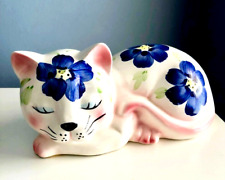 VTG DAVAR CERAMIC Sleeping KITTY CAT COIN BANK ~ Blue & White Floral  7.5