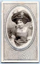 1910 RPPC LARGE FANCY HAT BROOCH PIN PRETTY WOMAN UNUSUAL POSTCARD BORDER FRAME picture