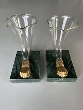 Antique Pair Cornucopia Glass Vase On Marble Base Brass Hand 5” Made In England picture