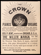 Original Antique 1891 CROWN PIANOS & ORGANS Vtg PRINT AD picture