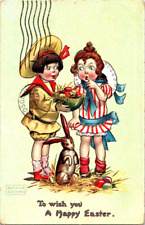 VINTAGE 1911 TUCK'S POSTCARD 2 LITTLE GIRLS WITH BUNNY & EGGS SIGNED K. GASSAWAY picture