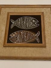 Harris G. Strong Cubist Hand Painted 6” Ceramic Tile MCM Art Framed FISH 41 A picture
