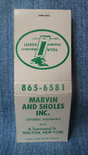 Marvin And Sholes Insurance Walton New York Vintage Matchbook Cover M30 picture