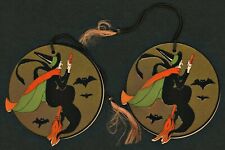 1930s Vintage Halloween GIBSON Bridge Tally Witch Riding a Broom Bats picture