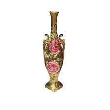 RARE Stunning Antique Handpainted Cabbage Rose Vase with 22K Gold Accents picture